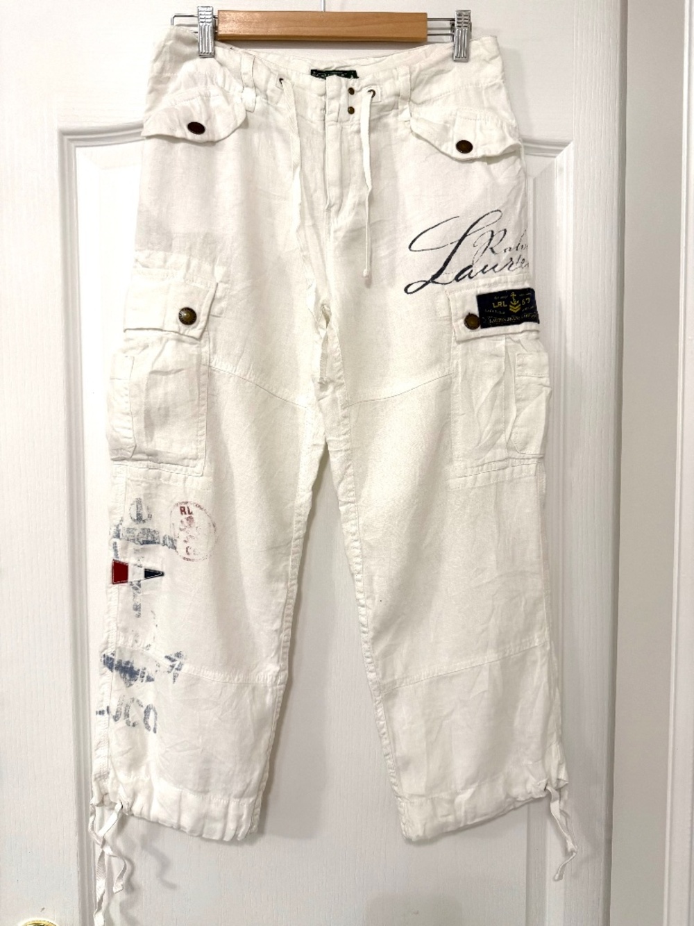 VTG Y2K Lauren Ralph Lauren Linen Nautical Cargo Capri Pants White Size 4